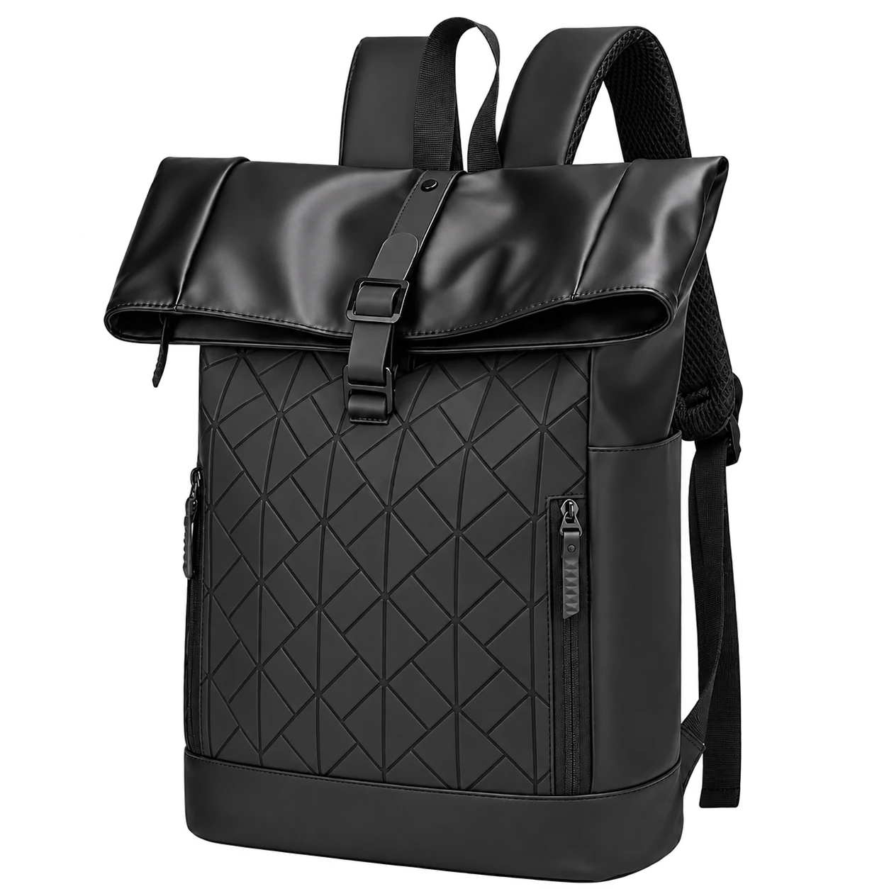 Bagbros Black Roll-Top Faux Leather Laptop Backpack
